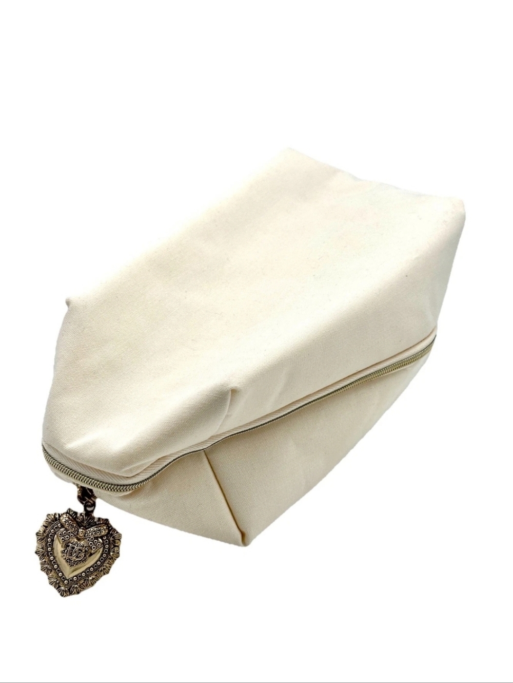 New Dolce & Gabbana Devotion Cream Makeup Clutch Zip Pouch Bag W Heart Charm - Picture 4 of 7